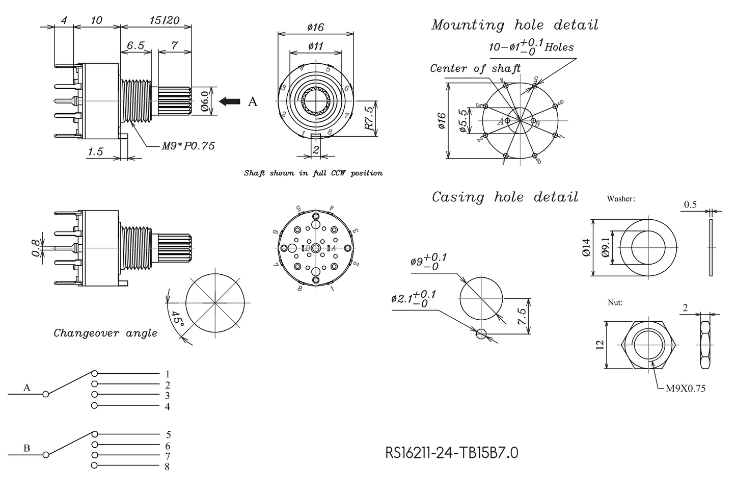 SR-16 2P4T - 4 Position Rotary Switch 16mm